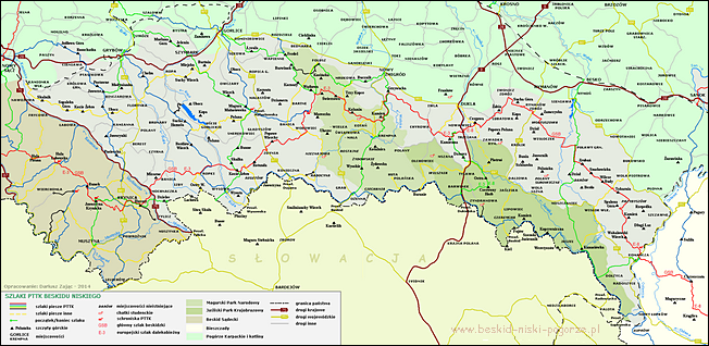 Mapa Szlaków turystycznych PTTK w Beskidzie Niskim